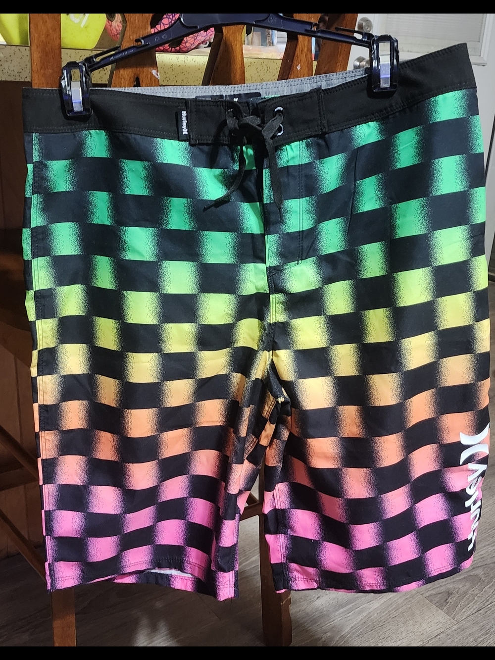 Hurley Black Swim Trunks with Green, Yellow, Orange, Pink Gradient Check